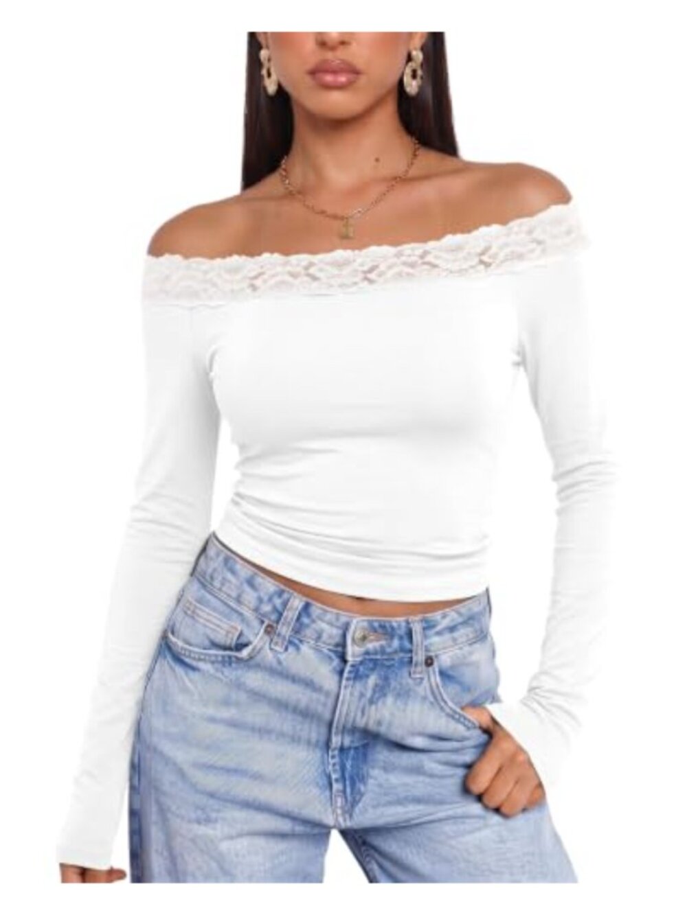 Lace Trim Off The Shoulder Long Sleeve Knit Top